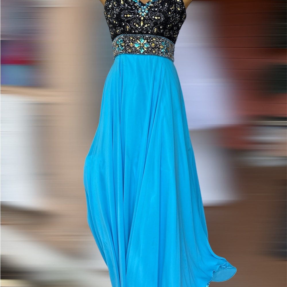 Tony Bowls Black and Teal Sequin Halter Prom Dress